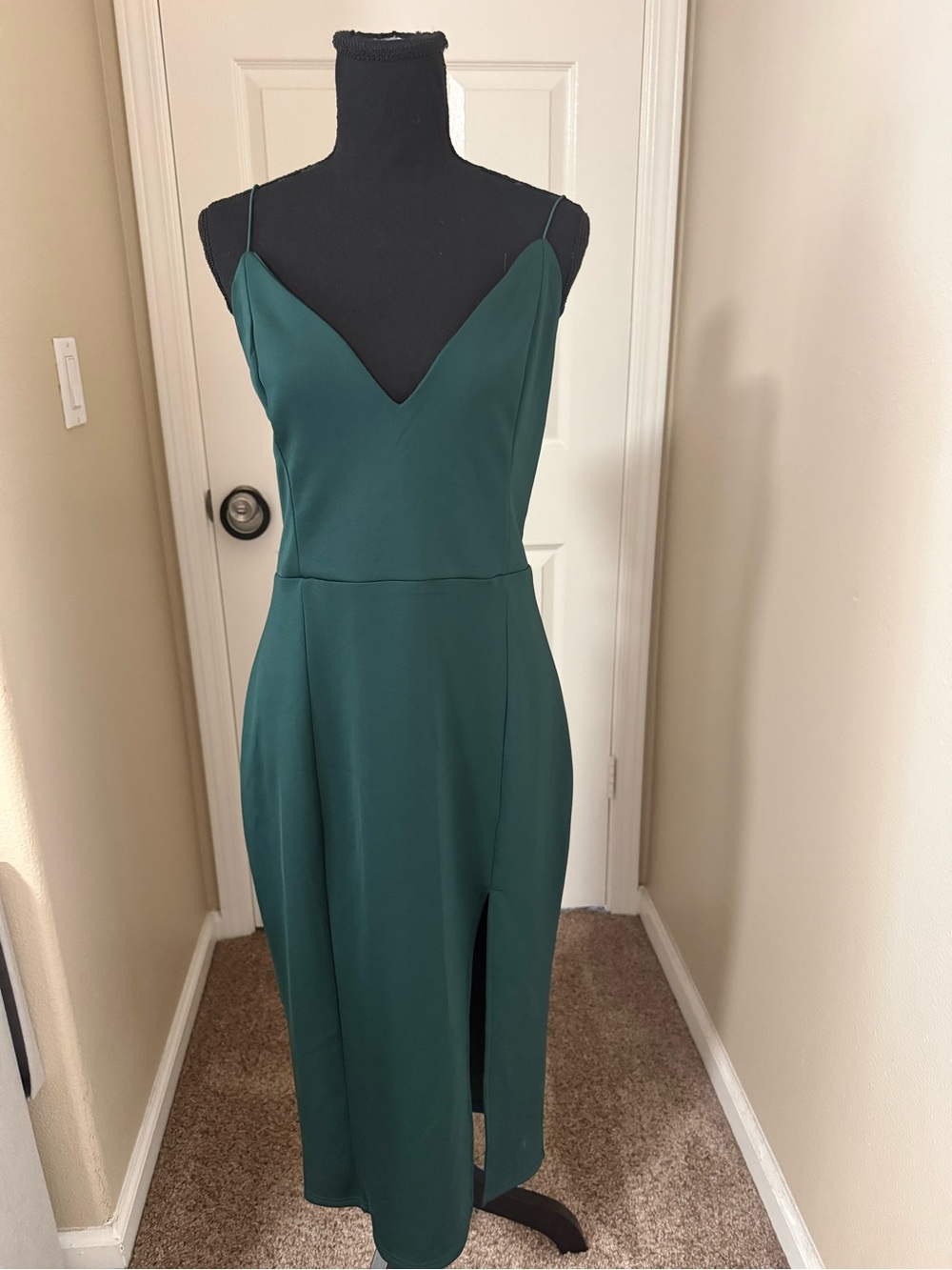 Showpo Emerald Green Slip Midi Dress with V-Neck and Front Slit